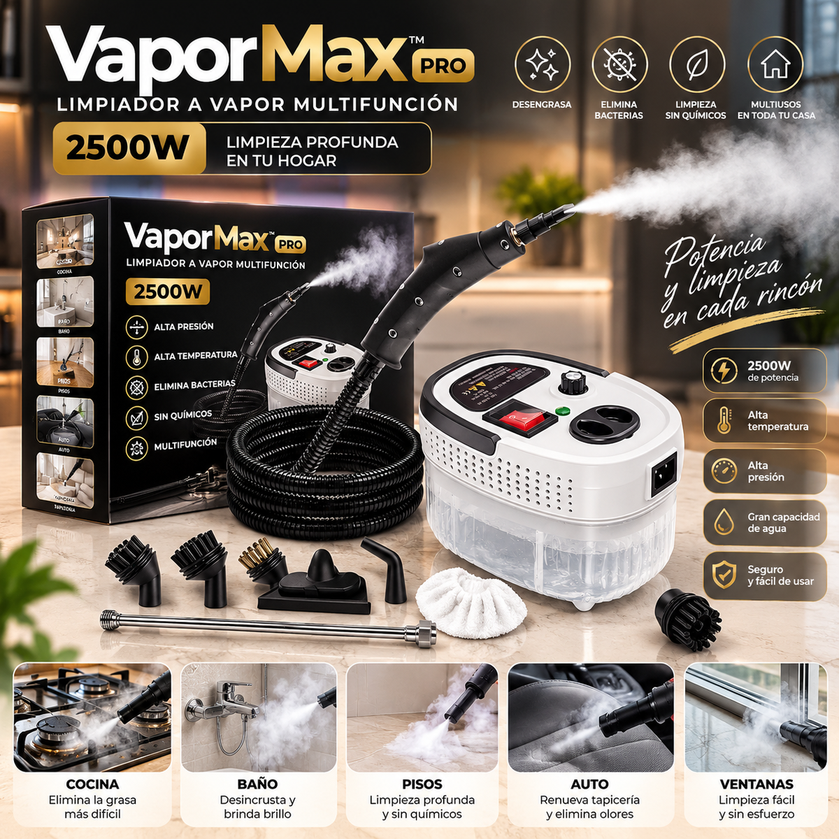 VaporMax Pro™ - Limpiador a Vapor Multifunción 2500W