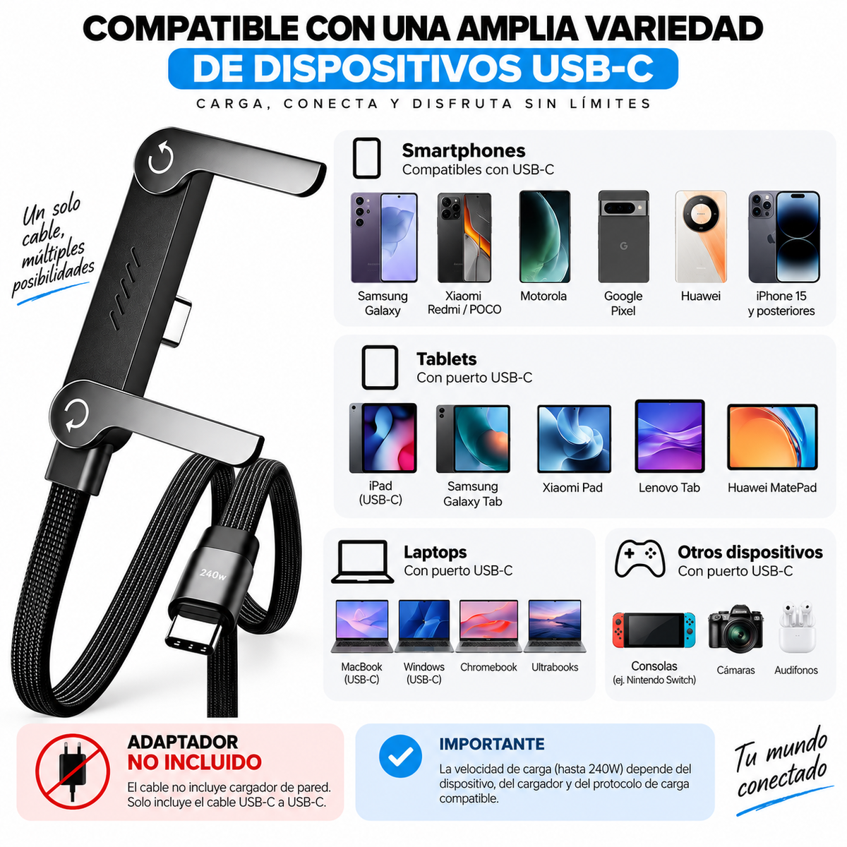 Cable UltraCharge 240W 2 en 1 con Soporte